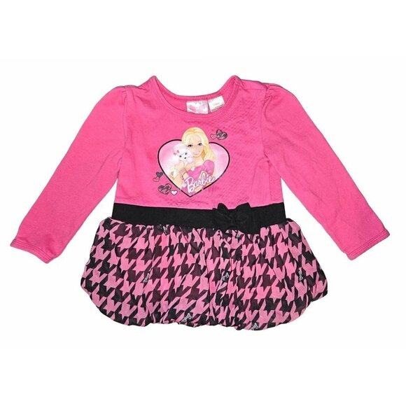 Barbie Top Girls 2T Pink Puff Tunic L/S TShirt Houndstooth Bow Graphic Print Dog - Picture 1 of 9